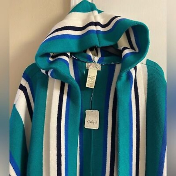 Free People One Size Poncho Striped Hooded Open Knit Kimono Pockets Green White - Picture 6 of 16